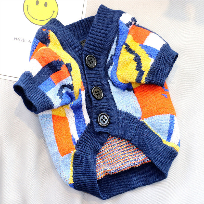 Schnauzer dog clothes featuring a cozy and stylish cardigan design with colorful patterns and buttons.