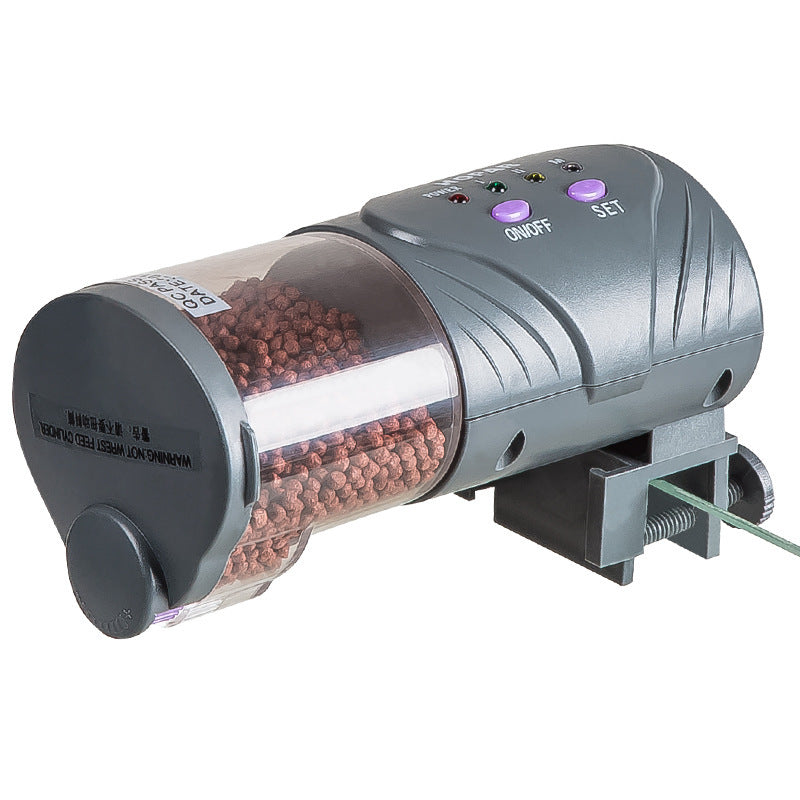 Intelligent timing fish feeder for aquarium with automatic food dispenser for precise feeding schedule.