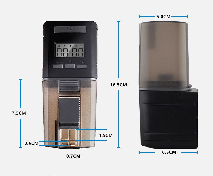 Image of Automatic Fish Tank Goldfish Koi Feeder with dimensions and digital timer display.