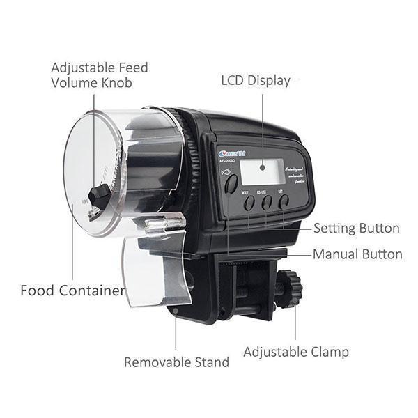 Digital Automatic Aquarium Fish Feeder with adjustable feed volume knob and LCD display for easy fish feeding.