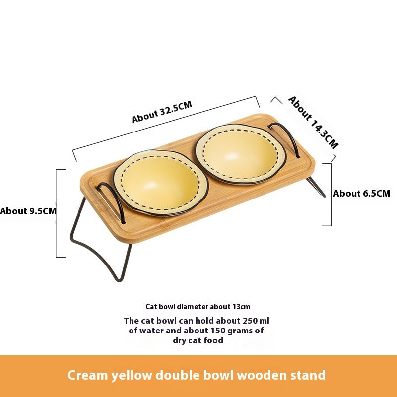 Pet Wooden Rack Multi-functional Ceramic Feeding Bowl