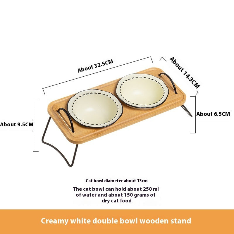 Pet Wooden Rack Multi-functional Ceramic Feeding Bowl