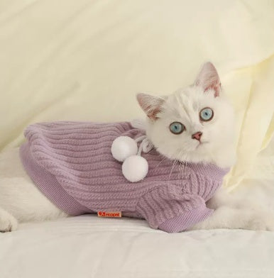 Cute white cat wearing a lavender autumn winter pet sweater with pom poms, resting on a soft surface.