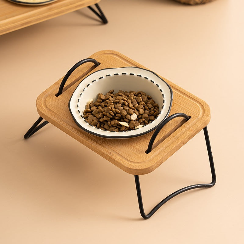 Pet Wooden Rack Multi-functional Ceramic Feeding Bowl