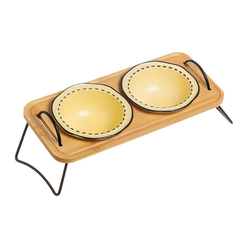 Pet Wooden Rack Multi-functional Ceramic Feeding Bowl