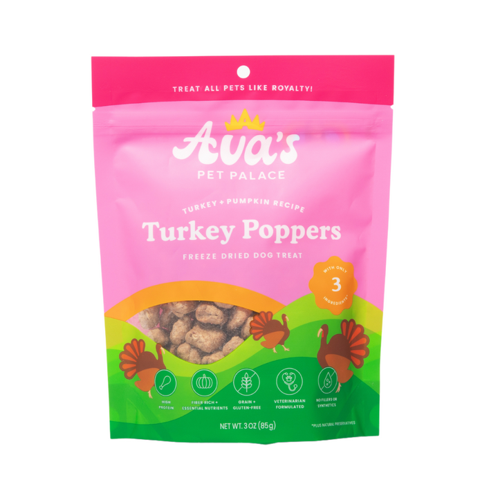 Pink package of Ava's Pet Palace Turkey Poppers freeze-dried dog treats on a white background
