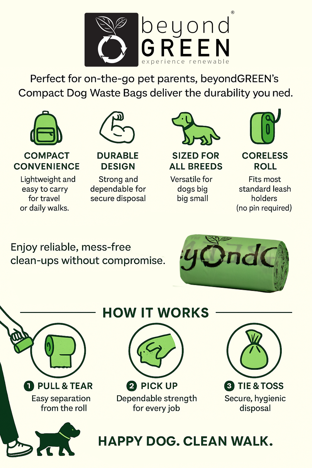 beyondGREEN Dog Waste Bags – Folded Rolls – Made in USA, Leak-Resistant, Extra-Strong