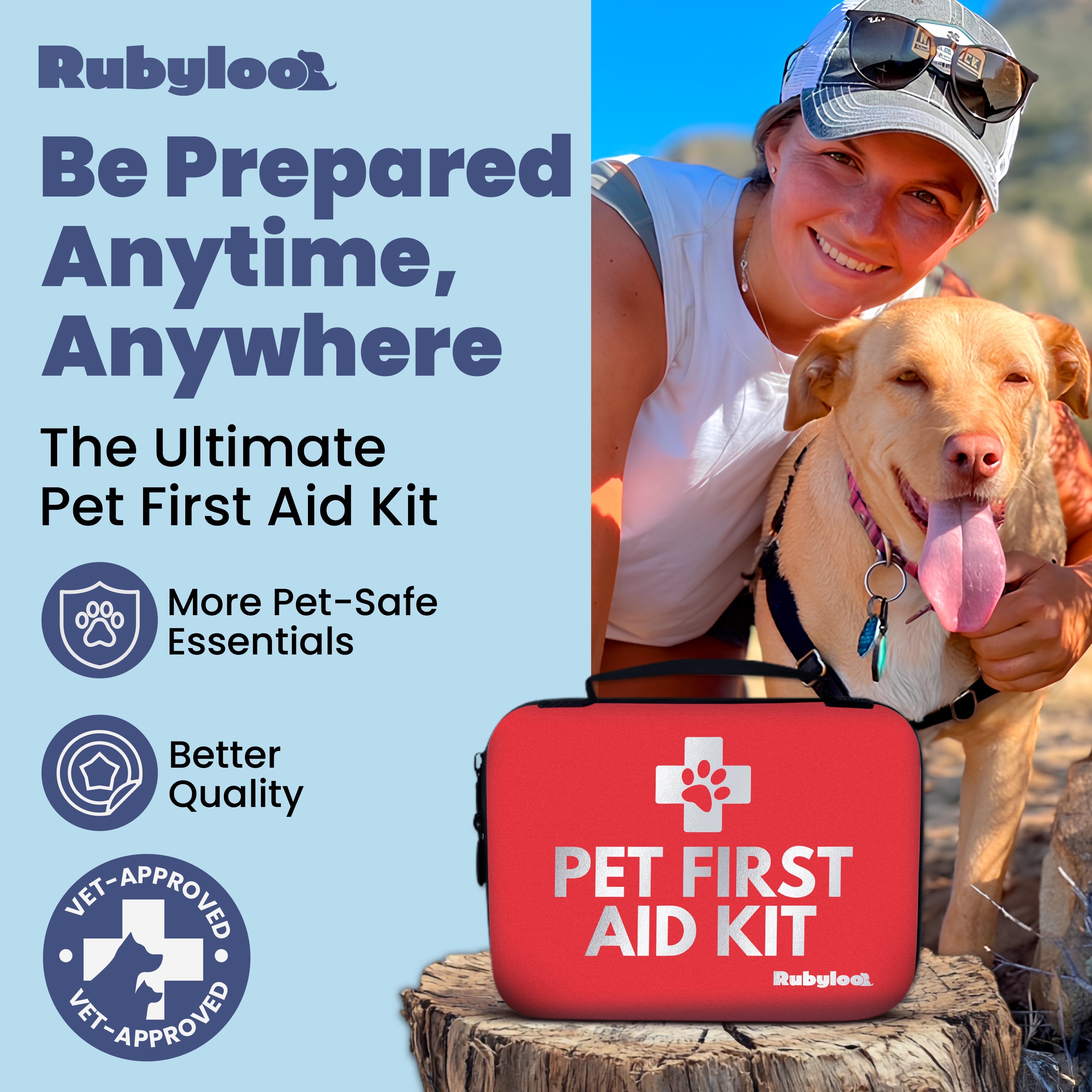 Woman with a dog holding a Rubyloo pet first aid kit against a blue sky.