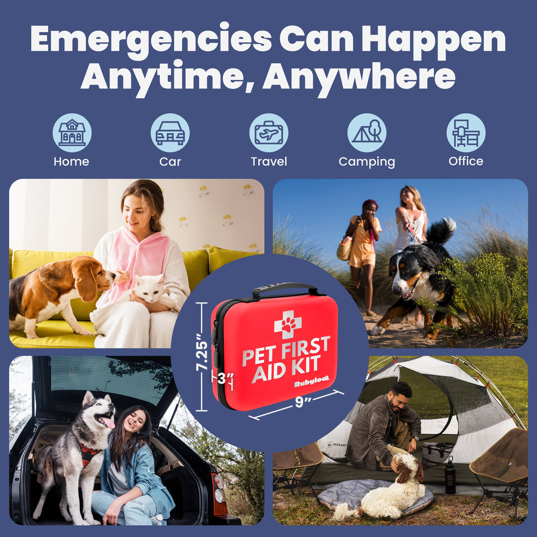 Pet First Aid Kit with various usage scenarios including home, car, travel, camping, and office.