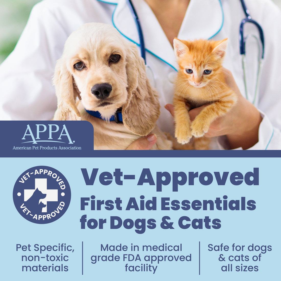 Vet holding a dog and a cat with APPA logo and text about vet-approved first aid essentials.