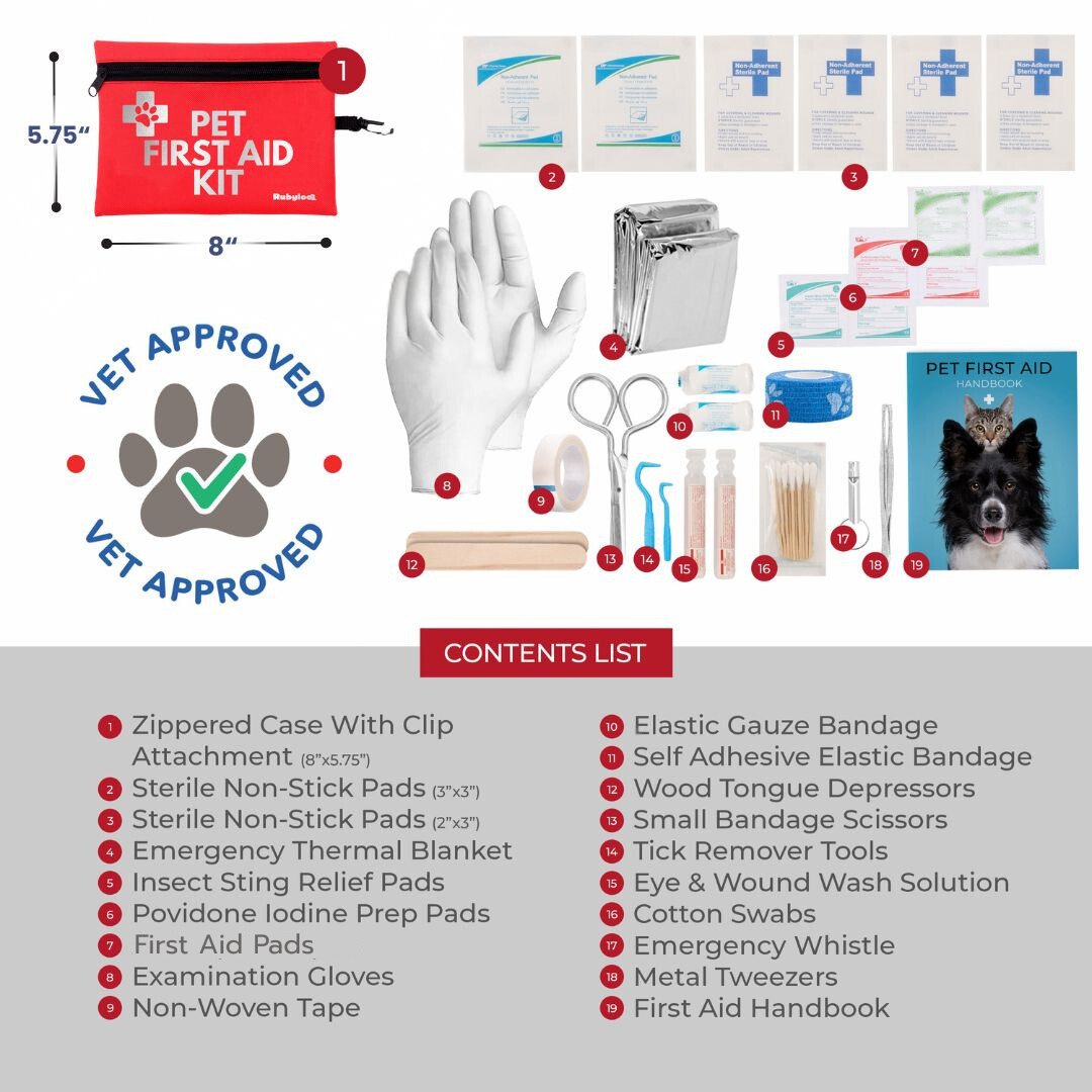 Pet first aid kit with various components and a vet-approved logo.