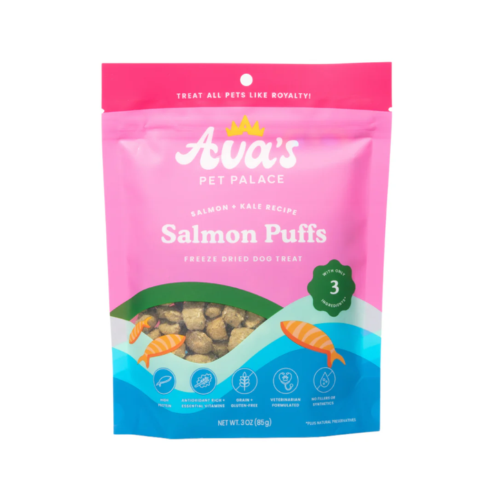 Pink package of Ava's Pet Palace Salmon Puffs on a white background