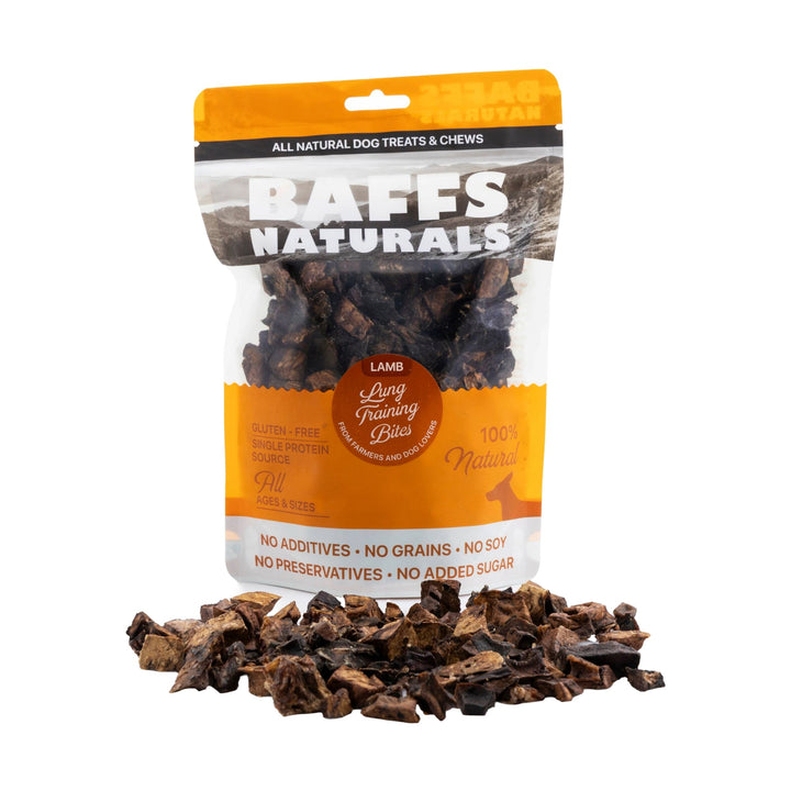 Bag of Raffs Naturals dog treats with visible treats on a white background