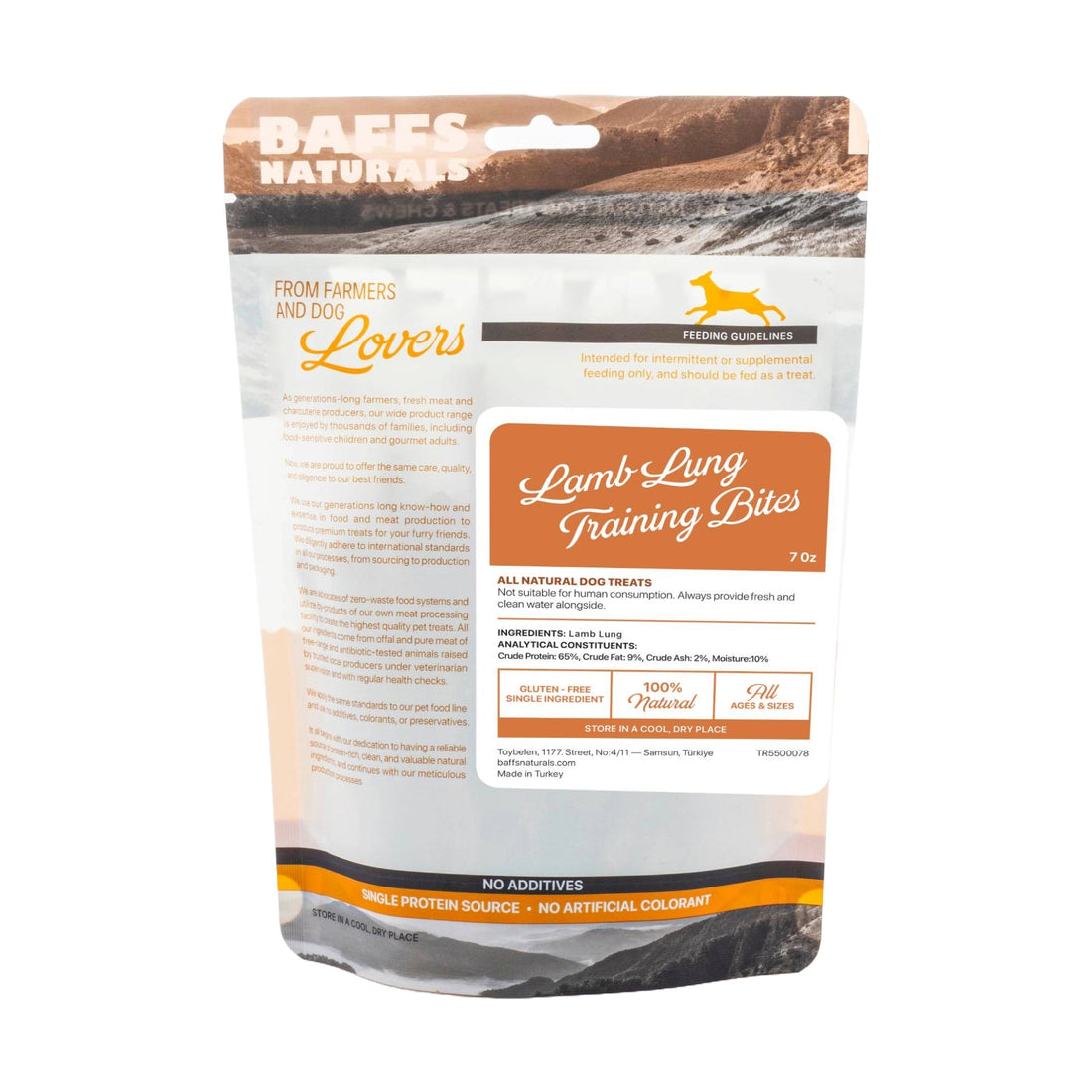 Bag of Baffs Naturals Lamb Lung Training Bites for dogs on a white background
