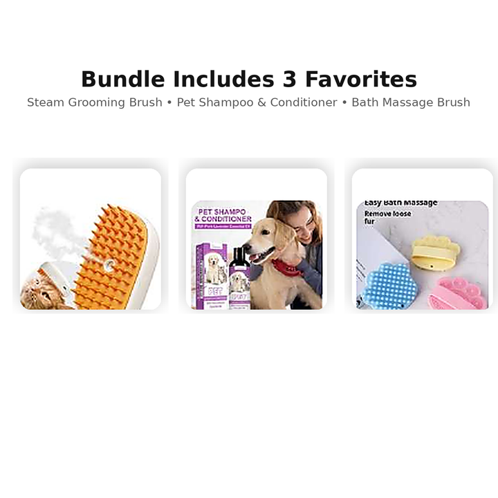 Relaxed dog or cat beside the At-Home Spa & Comfort Care Kit grooming bundle