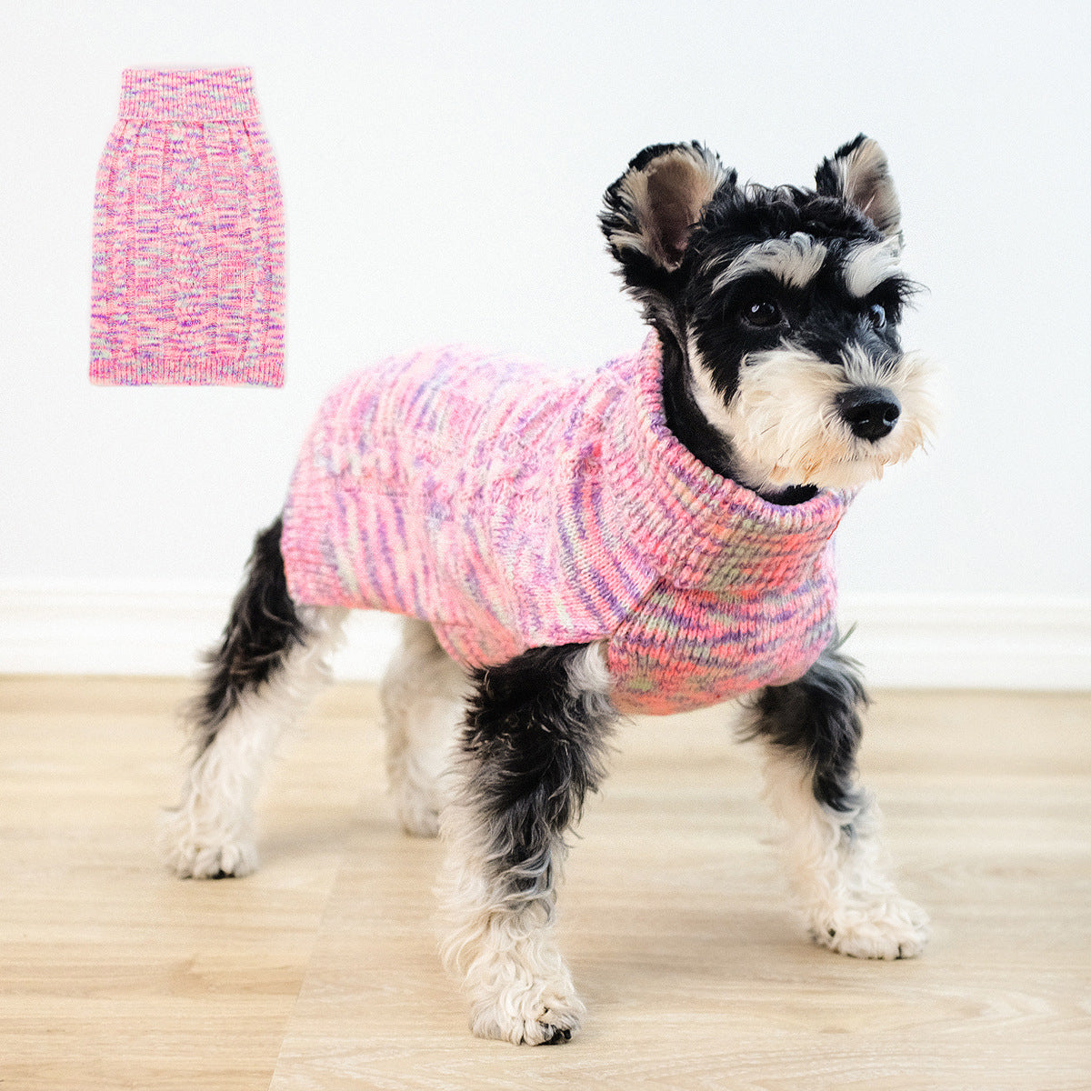 Dyed purple pet sweater on a stylish dog, showcasing cozy knitted comfort for pets.