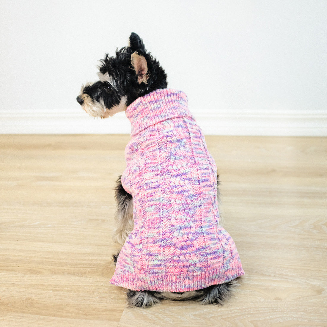 Dog wearing a dyed purple pet sweater made from soft knitted fabric, showcasing cozy comfort and stylish design.