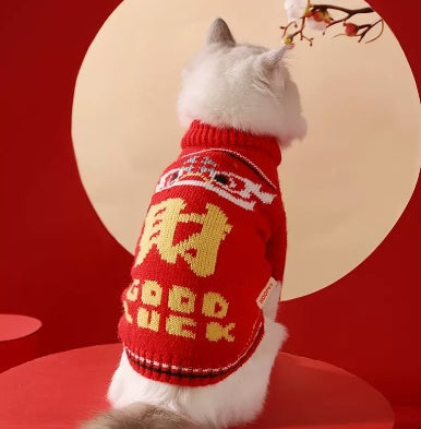Cat wearing a red autumn winter pet sweater with 'Good Luck' print, set against a vibrant background.