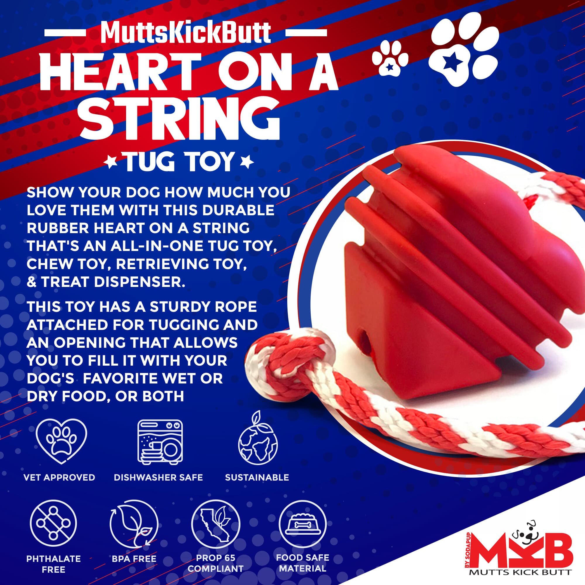 Features of heart on a string dog tug toy including rope handle and rubber heart