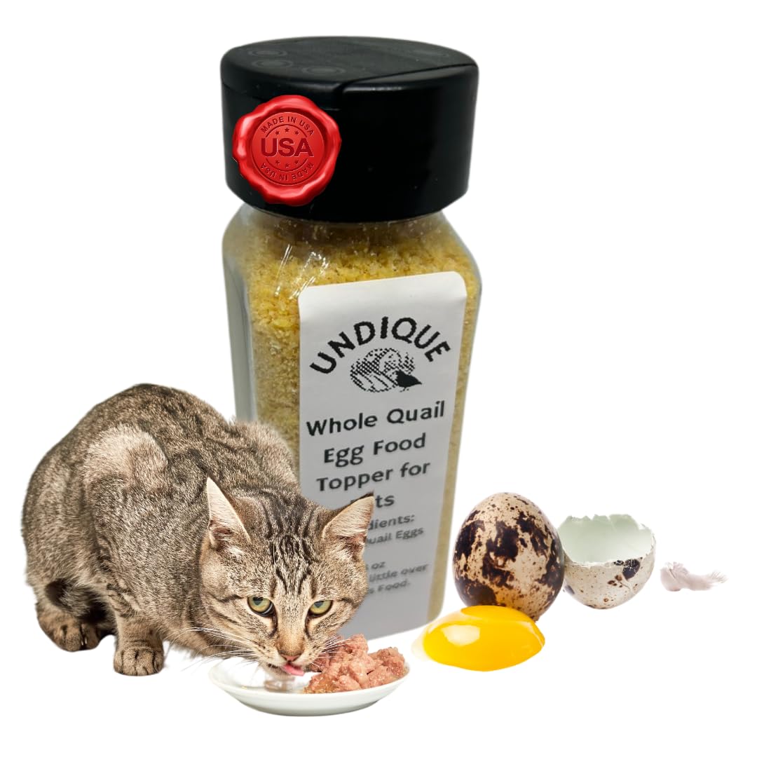Quailicious Boost freeze-dried quail egg cat food topper made in USA shown with cat eating from bowl