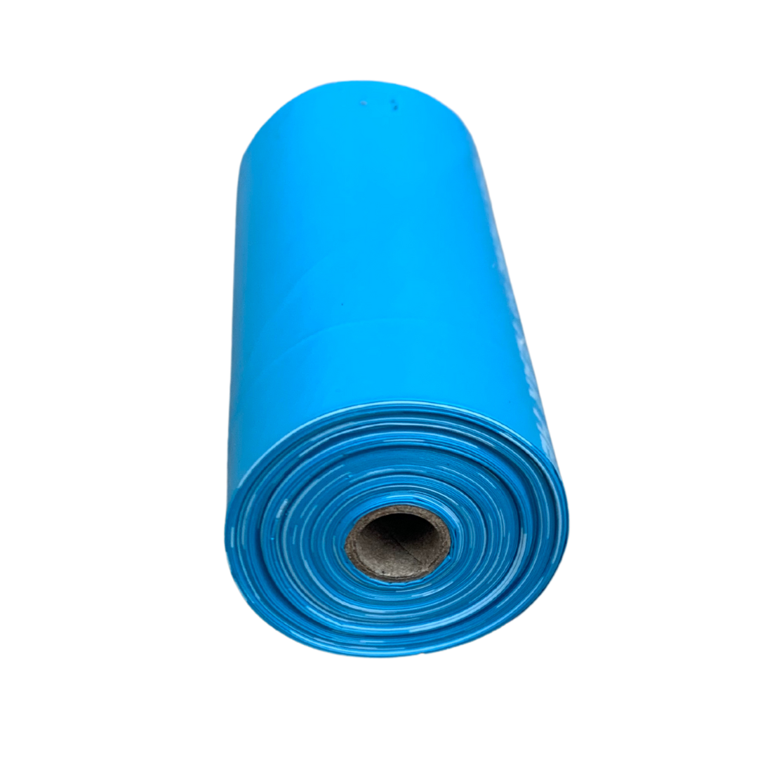 Roll of blue plastic sheeting on a white background