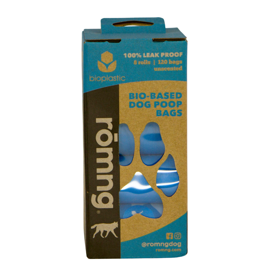 Box of romng bio-based dog poop bags with blue and brown design