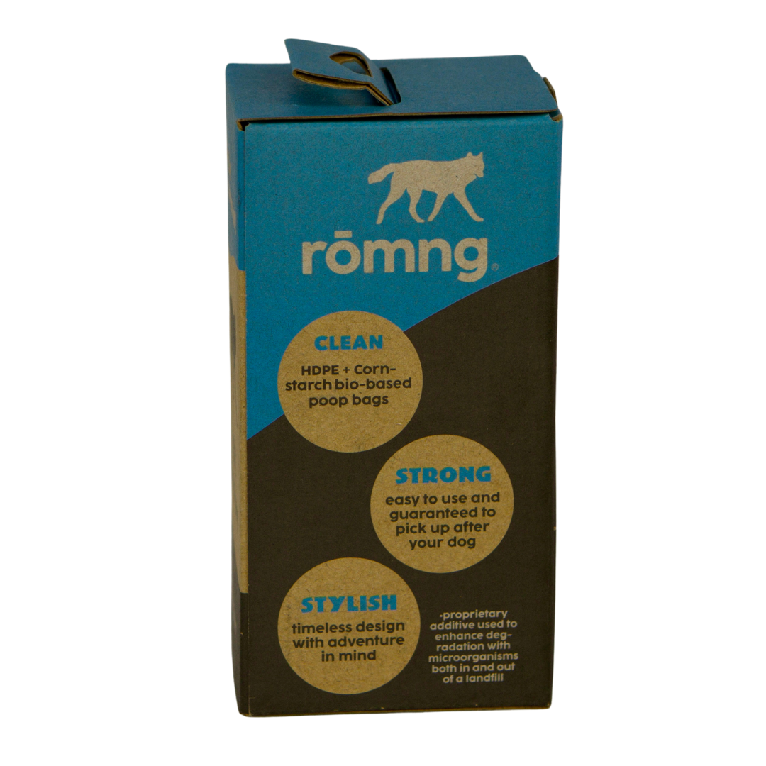 Box of romng dog waste bags with blue and brown design on a white background